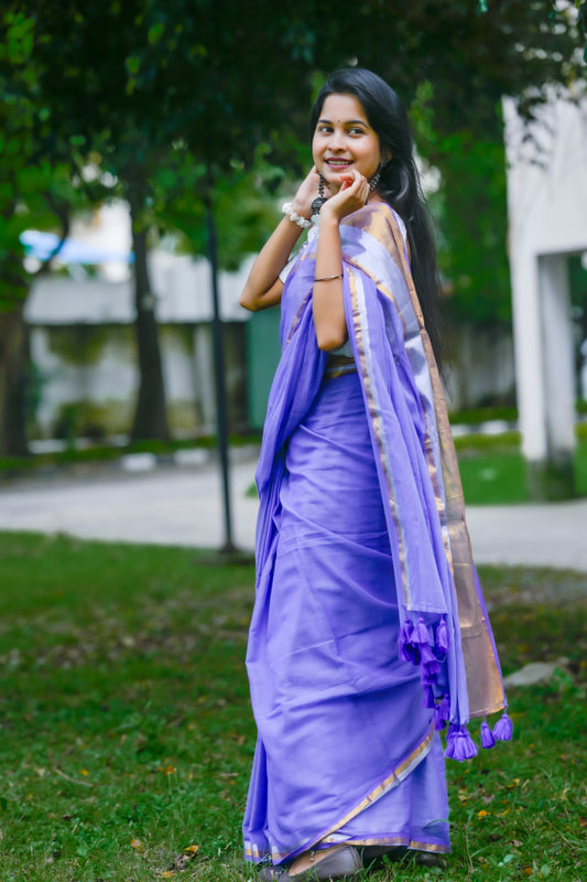 Ambuja – Mul Cotton Saree, Purple Silver Gold