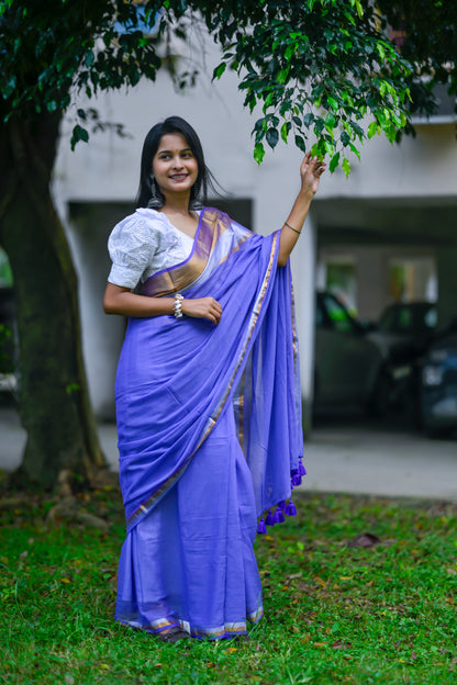 Ambuja – Mul Cotton Saree, Purple Silver Gold