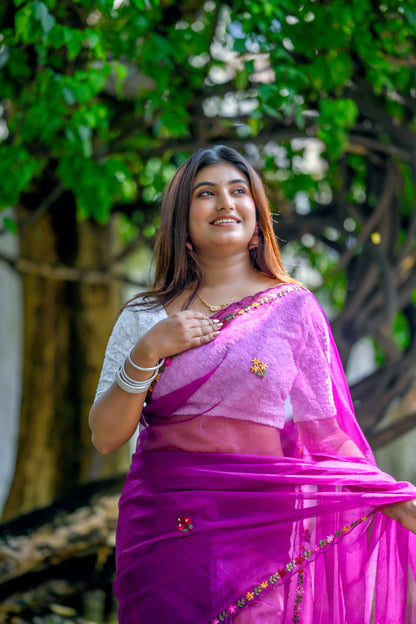 Rangbaha |Organza Floral Embroidered Saree – Purple Multicolor