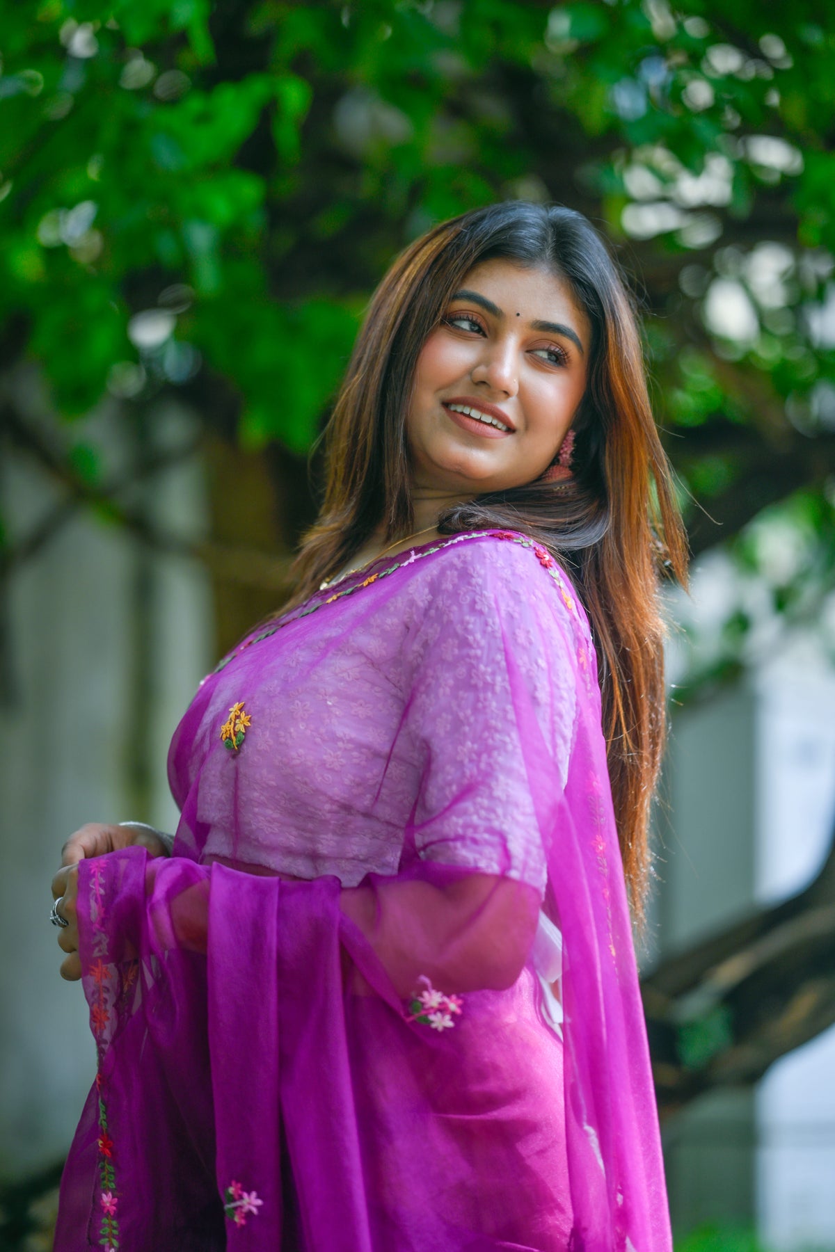 Rangbaha |Organza Floral Embroidered Saree – Purple Multicolor