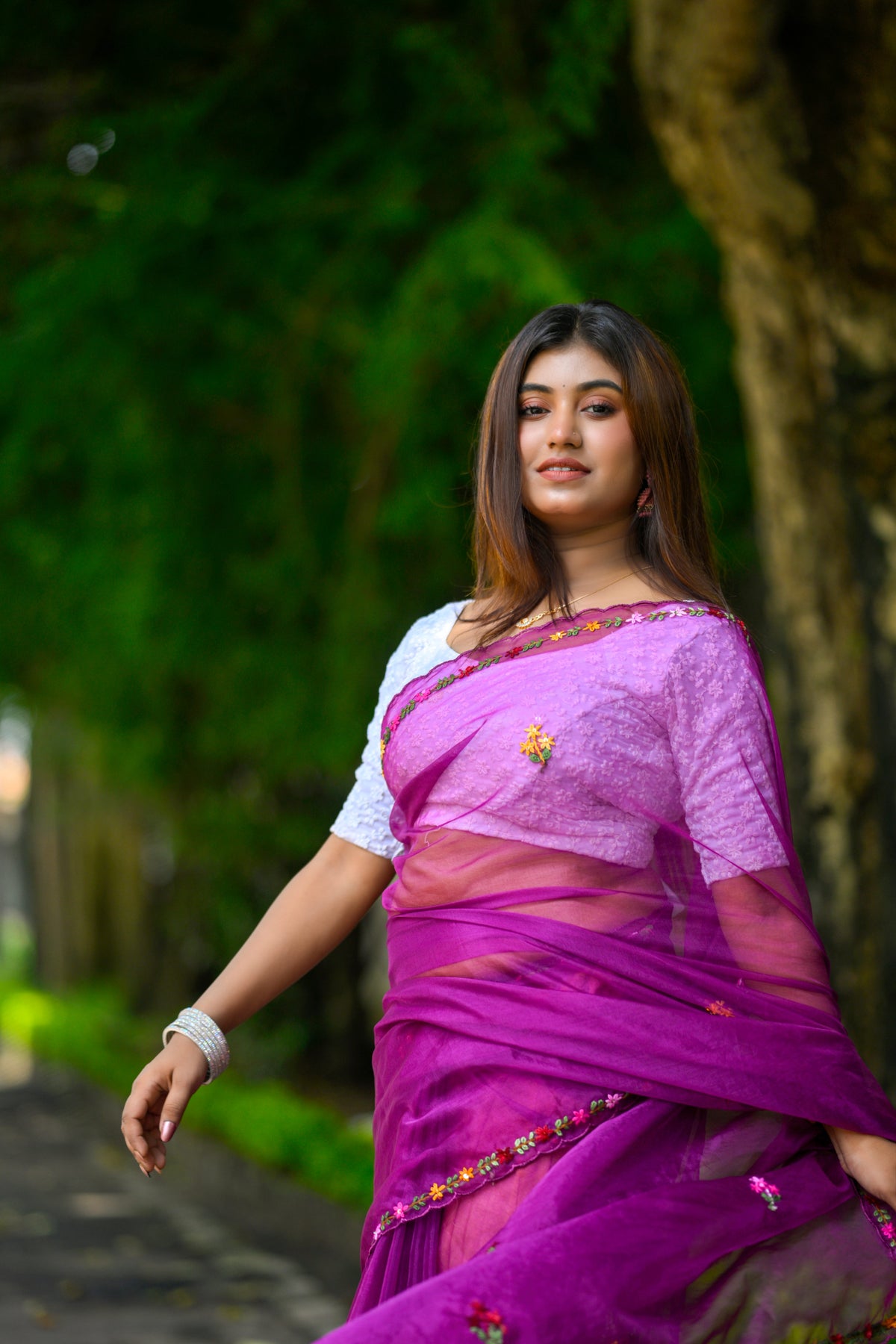 Rangbaha |Organza Floral Embroidered Saree – Purple Multicolor