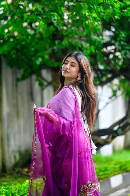 Rangbaha |Organza Floral Embroidered Saree – Purple Multicolor