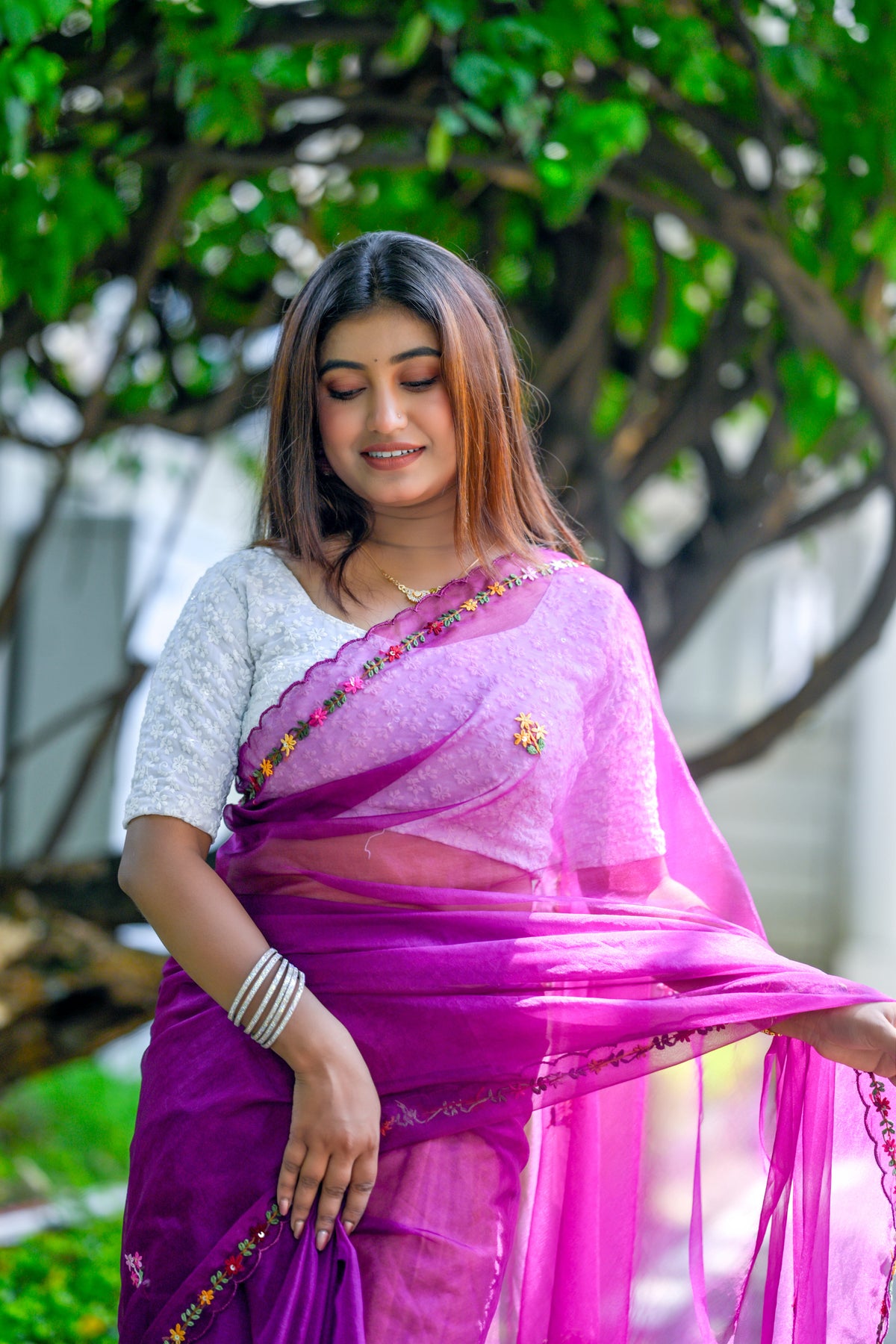 Rangbaha |Organza Floral Embroidered Saree – Purple Multicolor