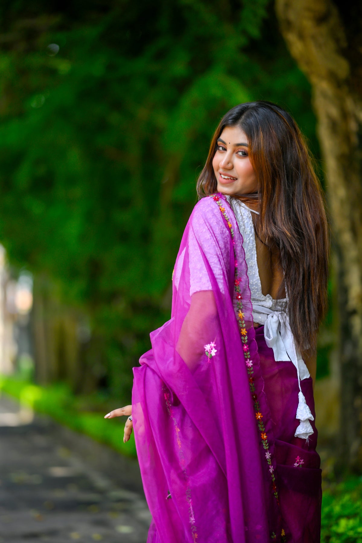 Rangbaha |Organza Floral Embroidered Saree – Purple Multicolor
