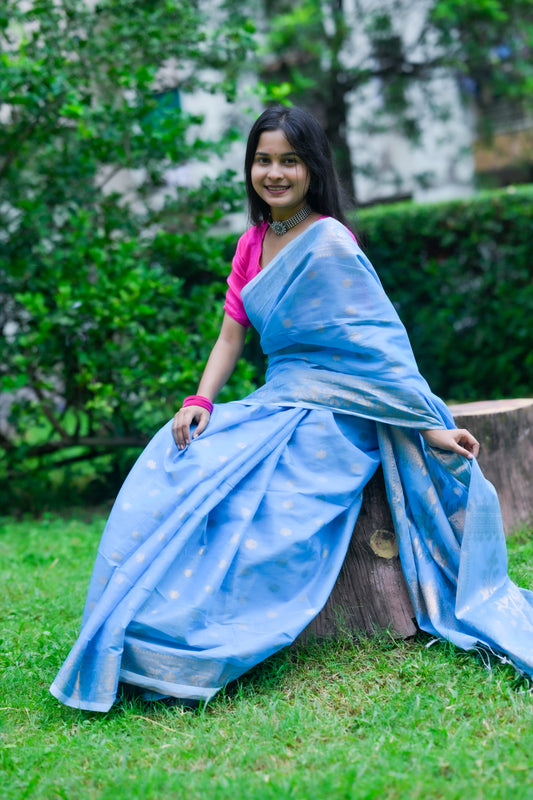 Akasha – Tissue Linen Saree, Sky Blue Gold