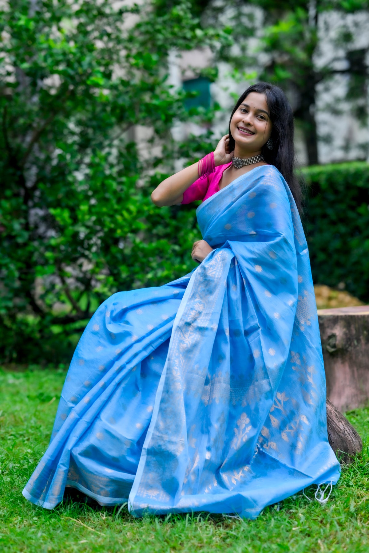 Akasha – Tissue Linen Saree, Sky Blue Gold