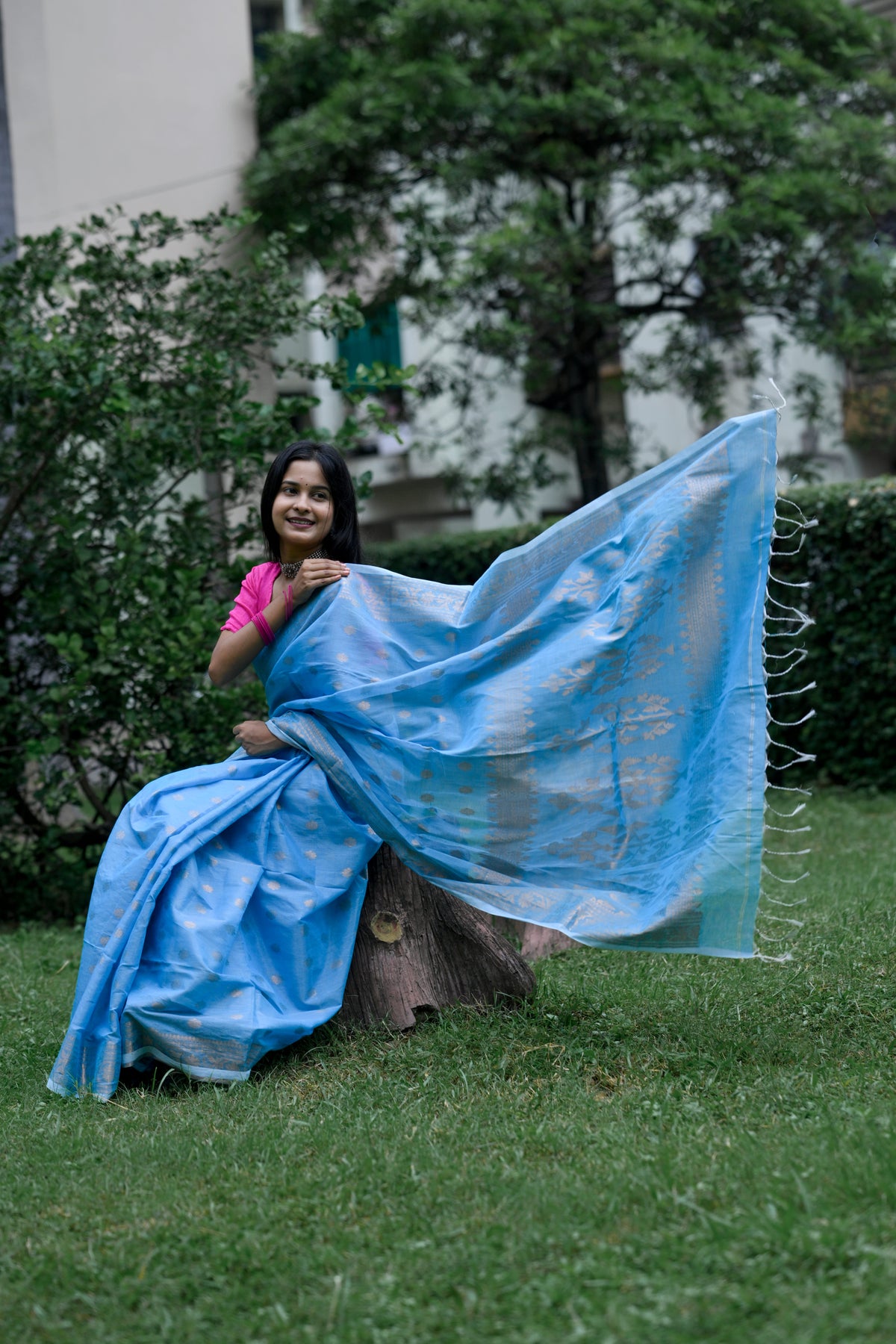 Akasha – Tissue Linen Saree, Sky Blue Gold