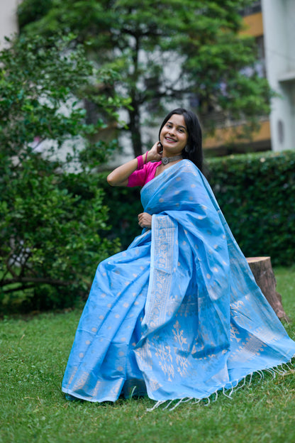 Akasha – Tissue Linen Saree, Sky Blue Gold