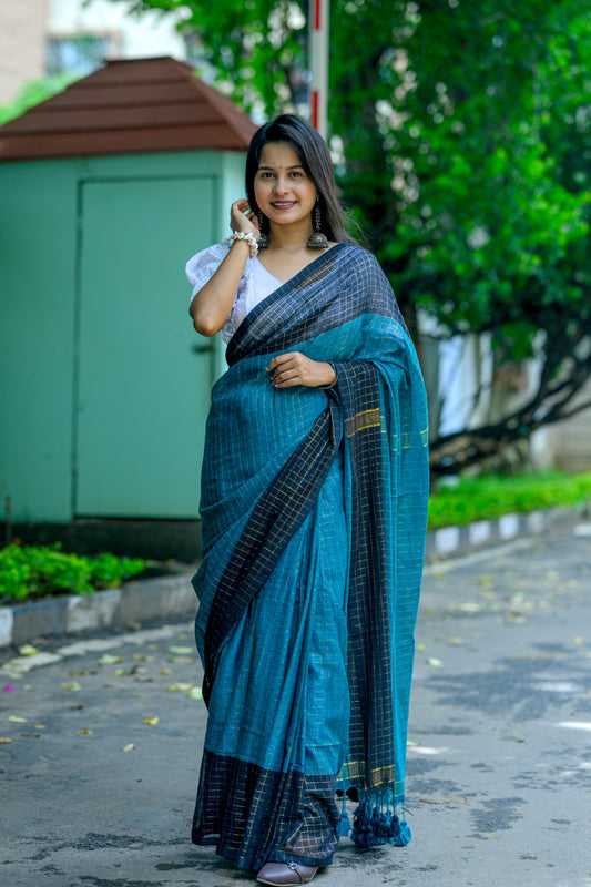 Nilambini – Mul Cotton Saree, Teal Blue Gold