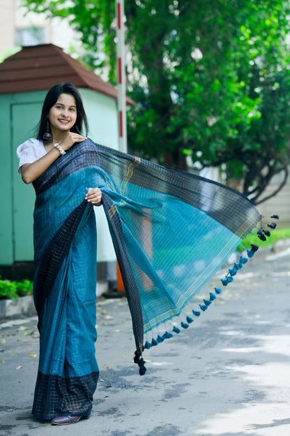 Nilambini – Mul Cotton Saree, Teal Blue Gold
