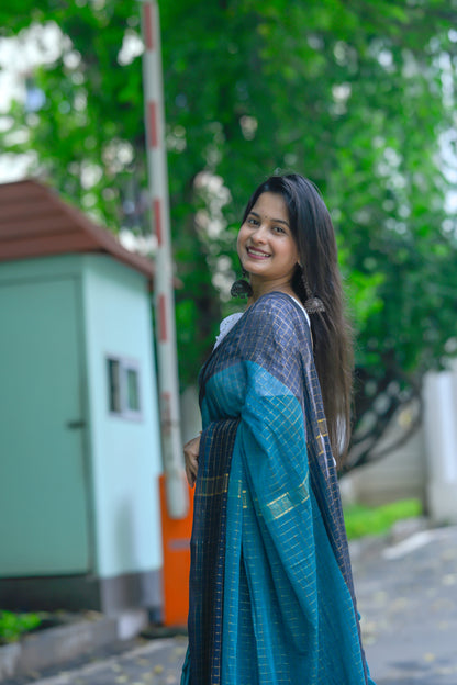Nilambini – Mul Cotton Saree, Teal Blue Gold