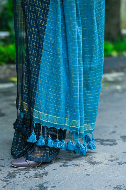 Nilambini – Mul Cotton Saree, Teal Blue Gold