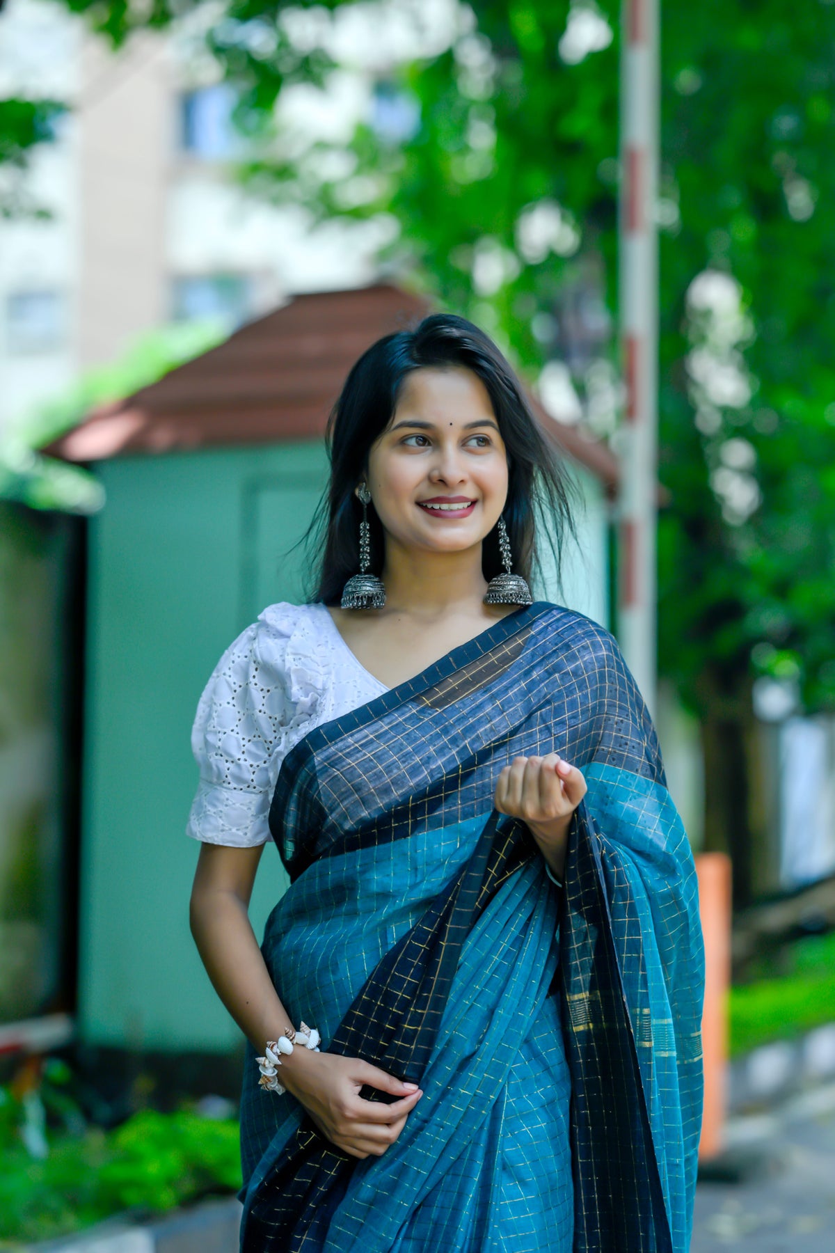 Nilambini – Mul Cotton Saree, Teal Blue Gold