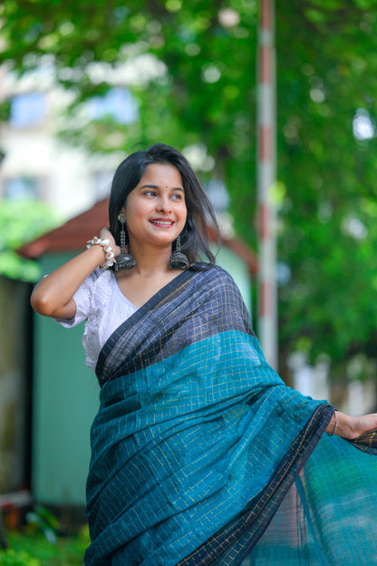 Nilambini – Mul Cotton Saree, Teal Blue Gold