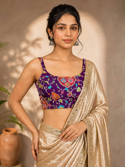 Sequin Embellished Crepe Blouse – Padded Fit – Purple Multicolor