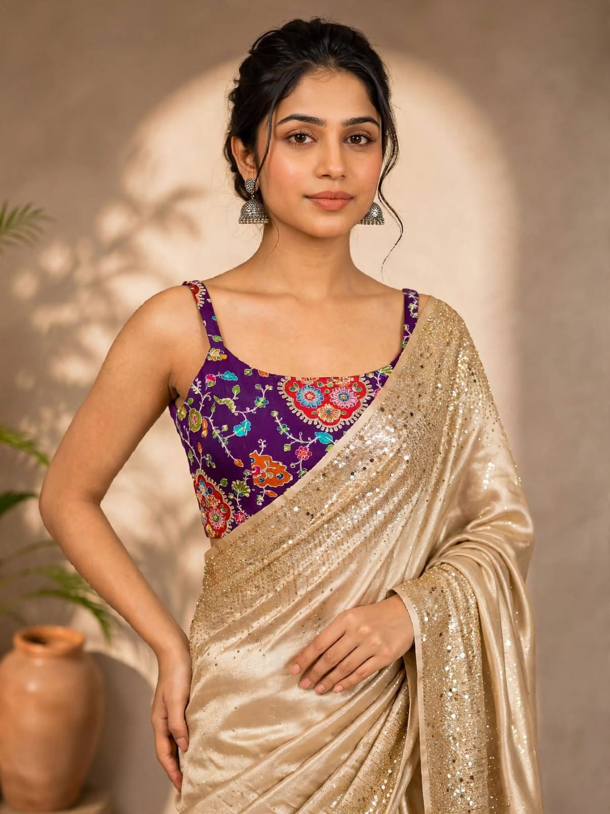 Sequin Embellished Crepe Blouse – Padded Fit – Purple Multicolor