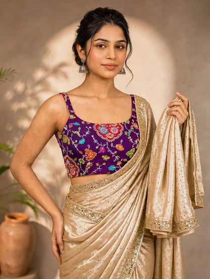 Sequin Embellished Crepe Blouse – Padded Fit – Purple Multicolor